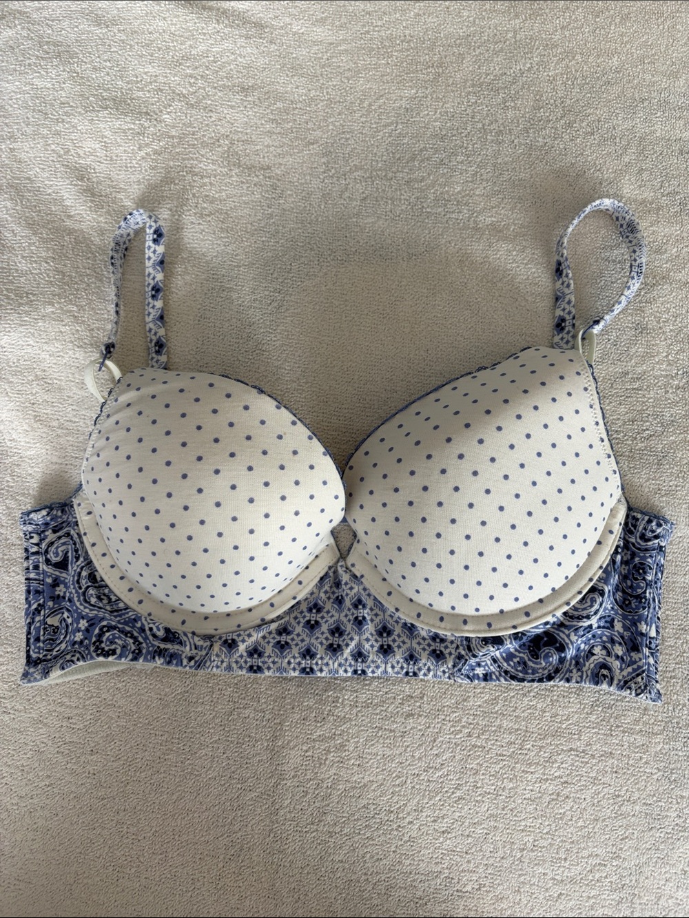 Victoria's Secret White Bra with Blue Polka Dots and Paisley Band